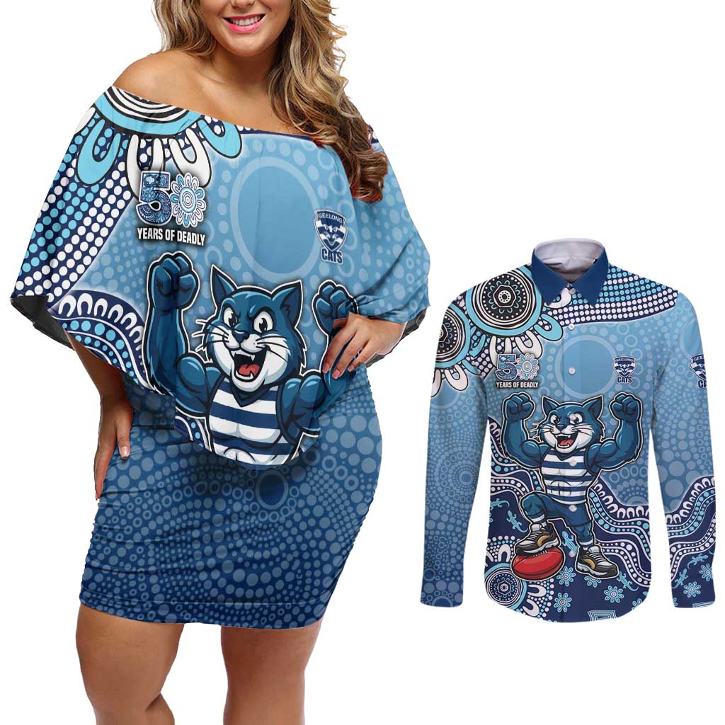 Personalized Geelong Cats Football Mascot Couples Matching Off Shoulder Short Dress and Long Sleeve Button Shirt Aboriginal Dot Art Style Vibrant Indigenous Pattern Design