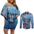 Personalized Geelong Cats Football Mascot Couples Matching Off Shoulder Short Dress and Long Sleeve Button Shirt Aboriginal Dot Art Style Vibrant Indigenous Pattern Design