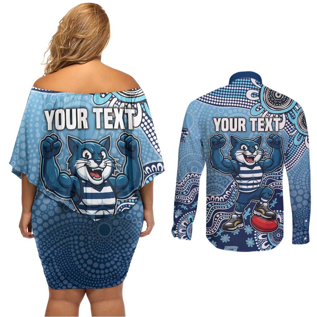 Personalized Geelong Cats Football Mascot Couples Matching Off Shoulder Short Dress and Long Sleeve Button Shirt Aboriginal Dot Art Style Vibrant Indigenous Pattern Design