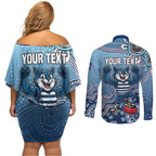 Personalized Geelong Cats Football Mascot Couples Matching Off Shoulder Short Dress and Long Sleeve Button Shirt Aboriginal Dot Art Style Vibrant Indigenous Pattern Design