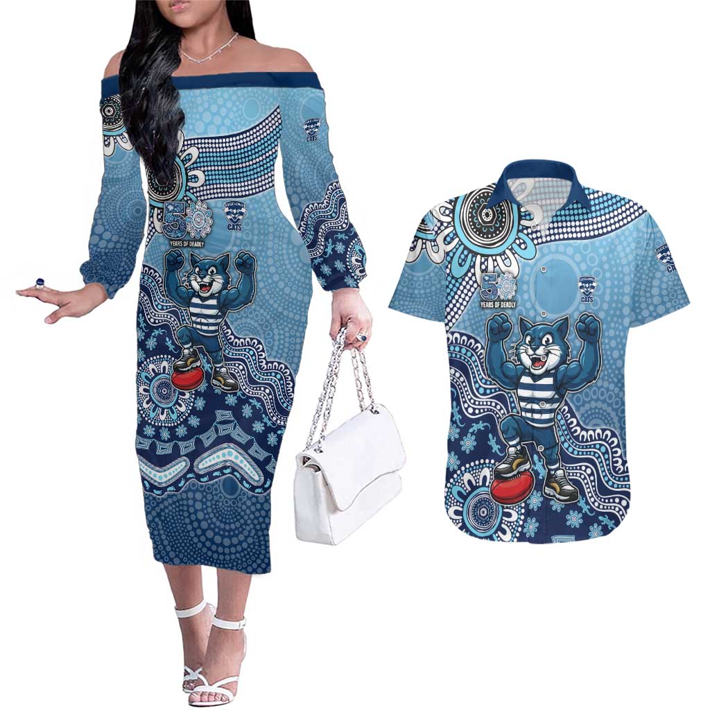 Personalized Geelong Cats Football Mascot Couples Matching Off The Shoulder Long Sleeve Dress and Hawaiian Shirt Aboriginal Dot Art Style Vibrant Indigenous Pattern Design