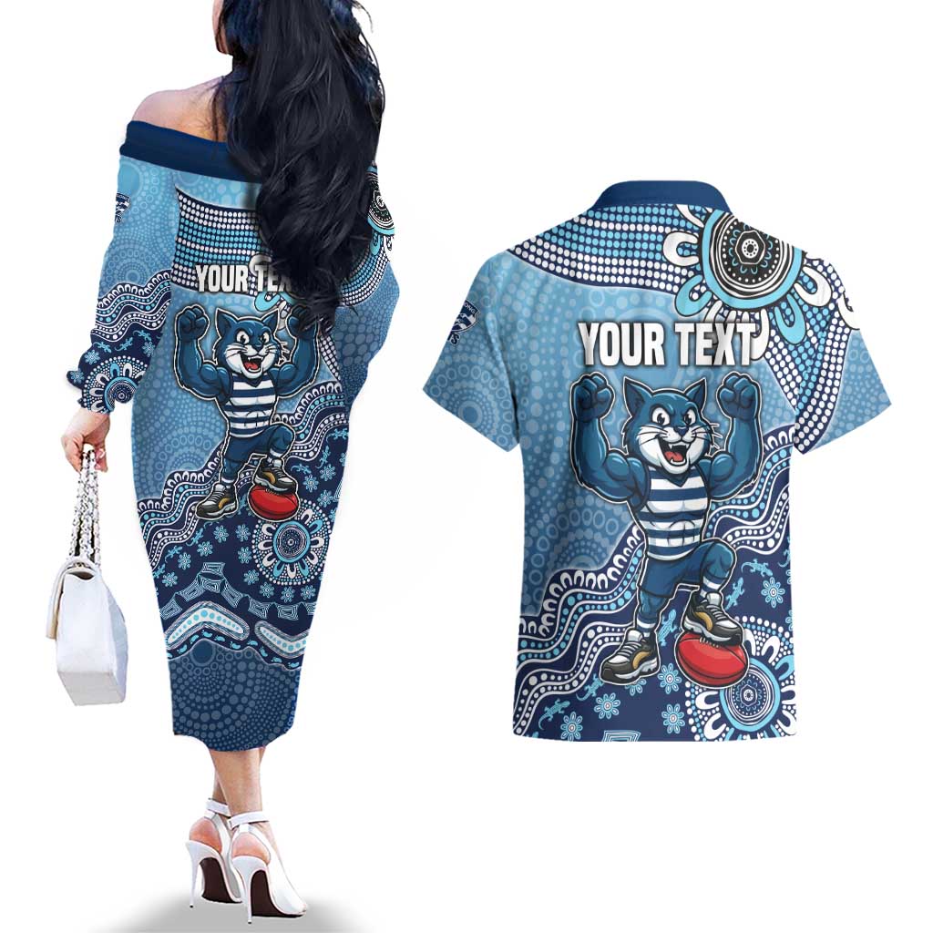 Personalized Geelong Cats Football Mascot Couples Matching Off The Shoulder Long Sleeve Dress and Hawaiian Shirt Aboriginal Dot Art Style Vibrant Indigenous Pattern Design
