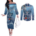 Personalized Geelong Cats Football Mascot Couples Matching Off The Shoulder Long Sleeve Dress and Long Sleeve Button Shirt Aboriginal Dot Art Style Vibrant Indigenous Pattern Design
