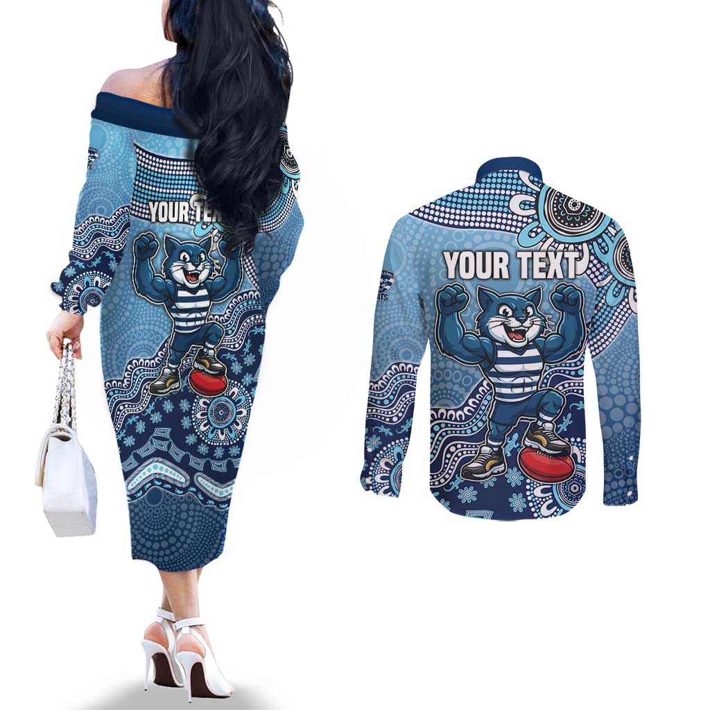 Personalized Geelong Cats Football Mascot Couples Matching Off The Shoulder Long Sleeve Dress and Long Sleeve Button Shirt Aboriginal Dot Art Style Vibrant Indigenous Pattern Design