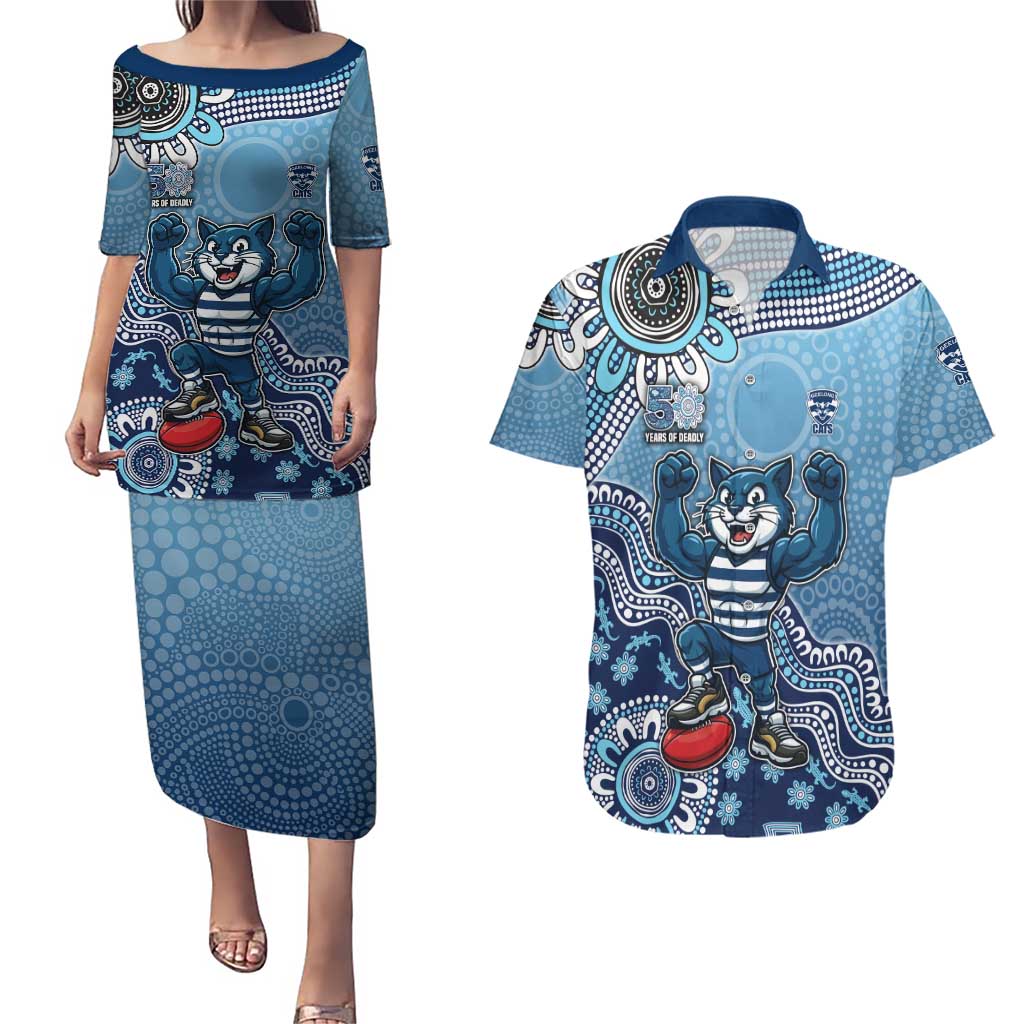 Personalized Geelong Cats Football Mascot Couples Matching Puletasi and Hawaiian Shirt Aboriginal Dot Art Style Vibrant Indigenous Pattern Design