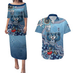 Personalized Geelong Cats Football Mascot Couples Matching Puletasi and Hawaiian Shirt Aboriginal Dot Art Style Vibrant Indigenous Pattern Design