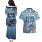 Personalized Geelong Cats Football Mascot Couples Matching Puletasi and Hawaiian Shirt Aboriginal Dot Art Style Vibrant Indigenous Pattern Design