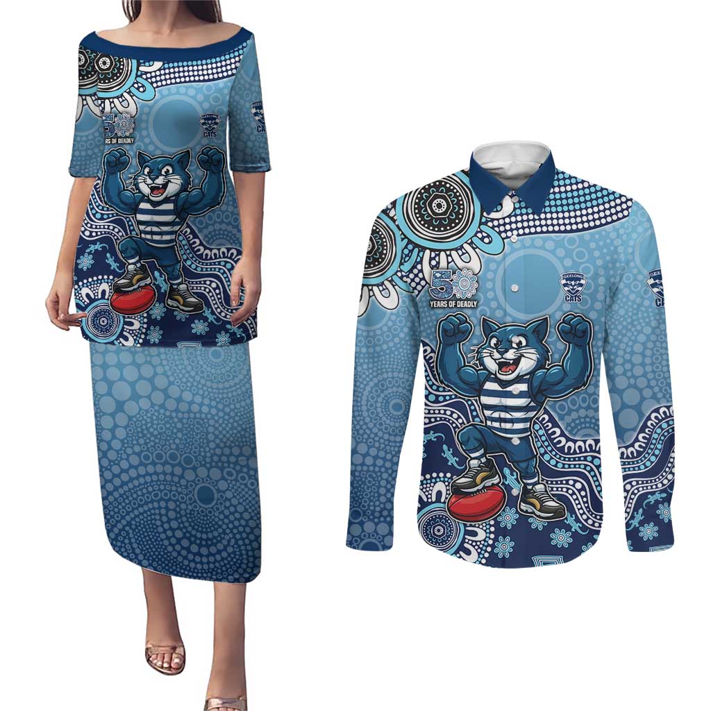Personalized Geelong Cats Football Mascot Couples Matching Puletasi and Long Sleeve Button Shirt Aboriginal Dot Art Style Vibrant Indigenous Pattern Design