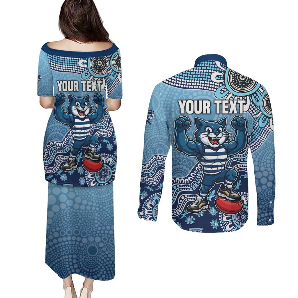 Personalized Geelong Cats Football Mascot Couples Matching Puletasi and Long Sleeve Button Shirt Aboriginal Dot Art Style Vibrant Indigenous Pattern Design