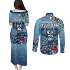 Personalized Geelong Cats Football Mascot Couples Matching Puletasi and Long Sleeve Button Shirt Aboriginal Dot Art Style Vibrant Indigenous Pattern Design