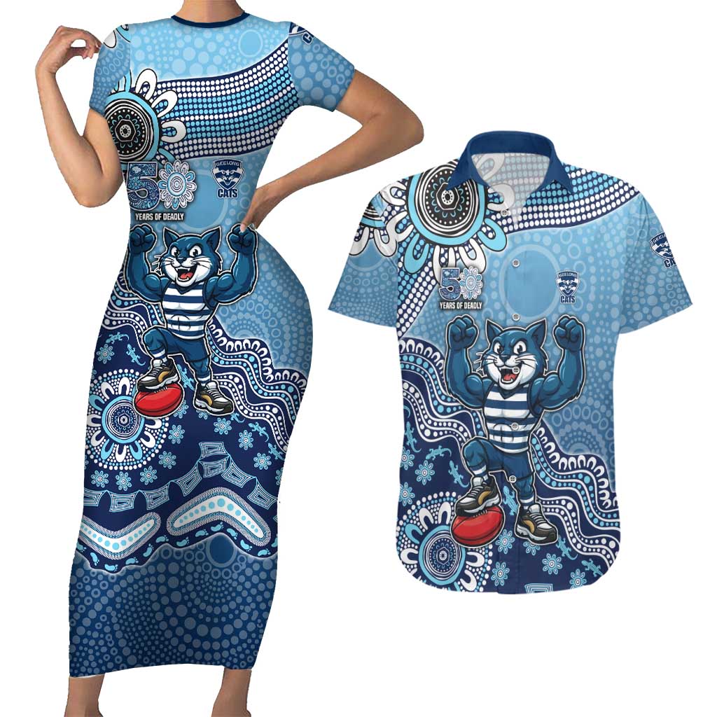 Personalized Geelong Cats Football Mascot Couples Matching Short Sleeve Bodycon Dress and Hawaiian Shirt Aboriginal Dot Art Style Vibrant Indigenous Pattern Design