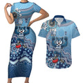 Personalized Geelong Cats Football Mascot Couples Matching Short Sleeve Bodycon Dress and Hawaiian Shirt Aboriginal Dot Art Style Vibrant Indigenous Pattern Design