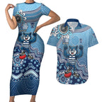 Personalized Geelong Cats Football Mascot Couples Matching Short Sleeve Bodycon Dress and Hawaiian Shirt Aboriginal Dot Art Style Vibrant Indigenous Pattern Design
