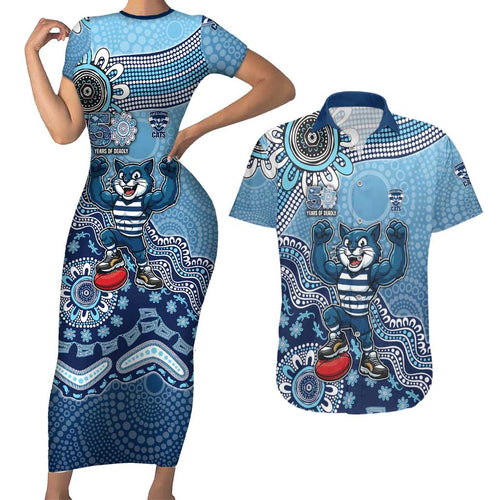 Personalized Geelong Cats Football Mascot Couples Matching Short Sleeve Bodycon Dress and Hawaiian Shirt Aboriginal Dot Art Style Vibrant Indigenous Pattern Design