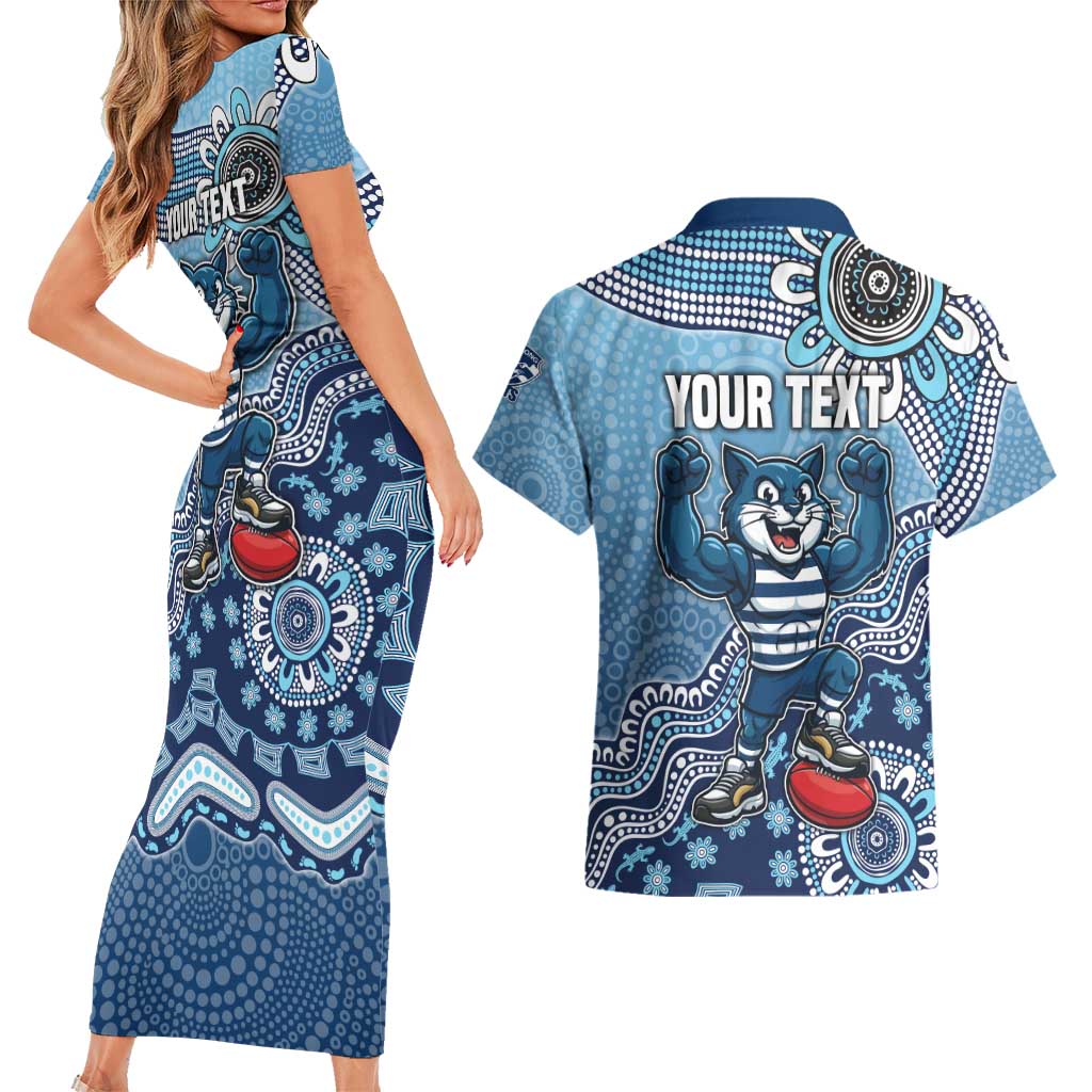 Personalized Geelong Cats Football Mascot Couples Matching Short Sleeve Bodycon Dress and Hawaiian Shirt Aboriginal Dot Art Style Vibrant Indigenous Pattern Design