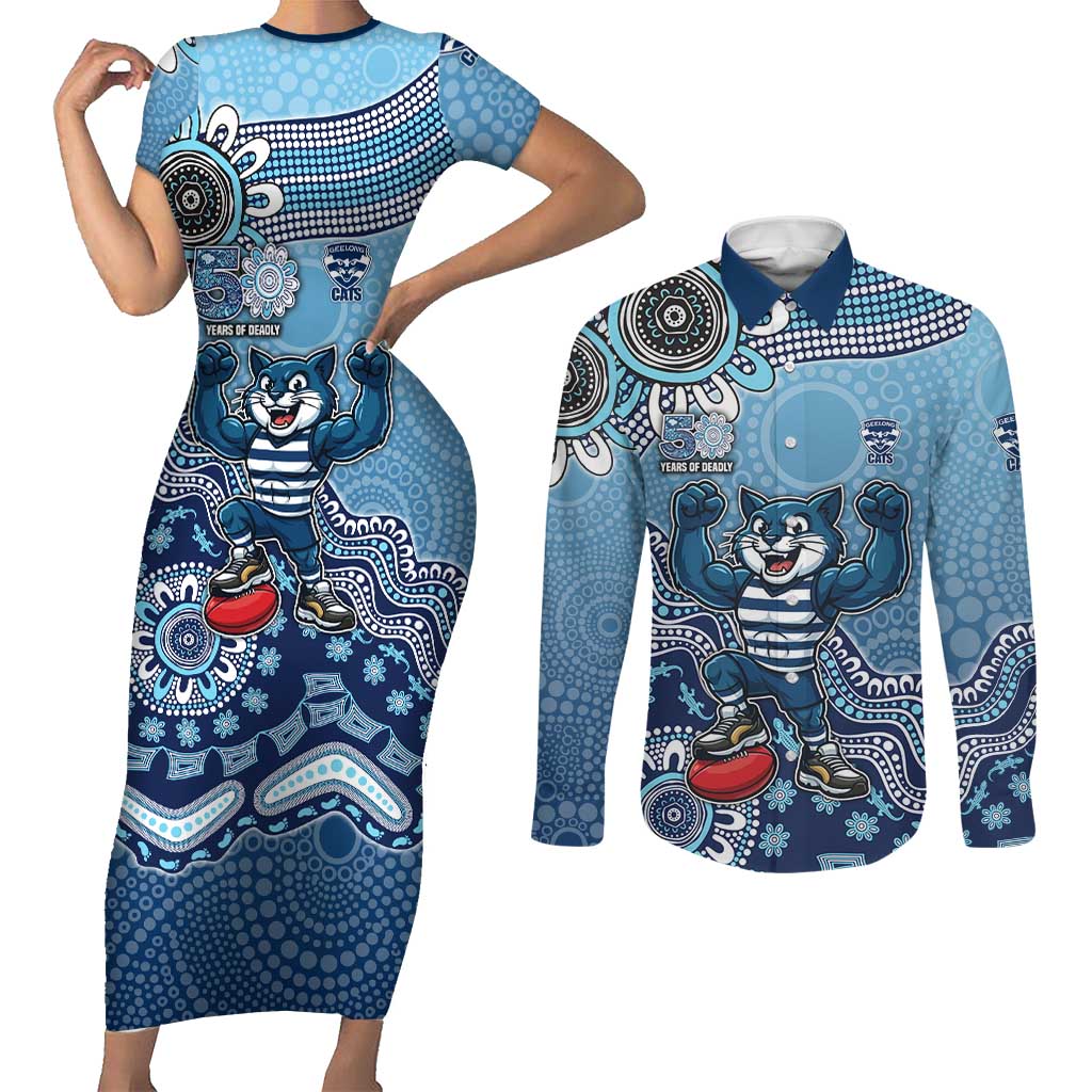 Personalized Geelong Cats Football Mascot Couples Matching Short Sleeve Bodycon Dress and Long Sleeve Button Shirt Aboriginal Dot Art Style Vibrant Indigenous Pattern Design