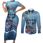 Personalized Geelong Cats Football Mascot Couples Matching Short Sleeve Bodycon Dress and Long Sleeve Button Shirt Aboriginal Dot Art Style Vibrant Indigenous Pattern Design