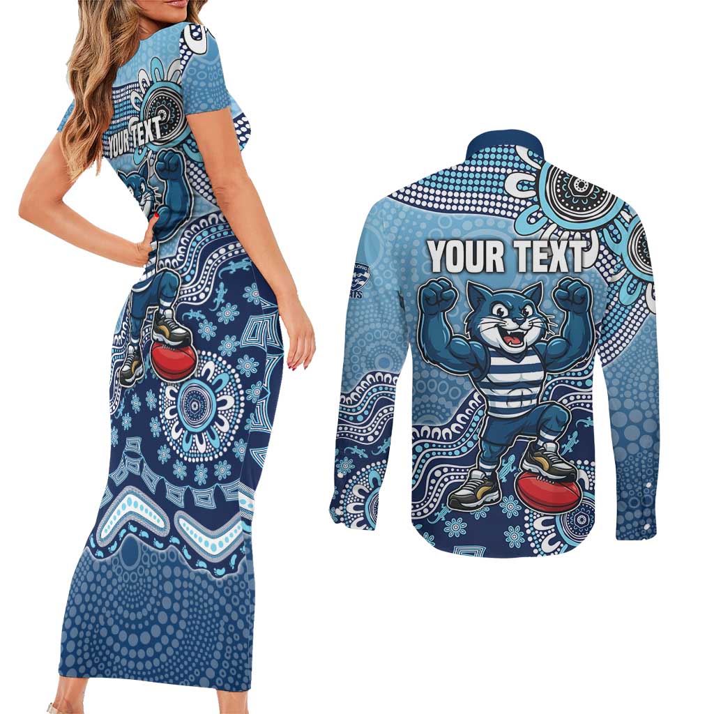 Personalized Geelong Cats Football Mascot Couples Matching Short Sleeve Bodycon Dress and Long Sleeve Button Shirt Aboriginal Dot Art Style Vibrant Indigenous Pattern Design