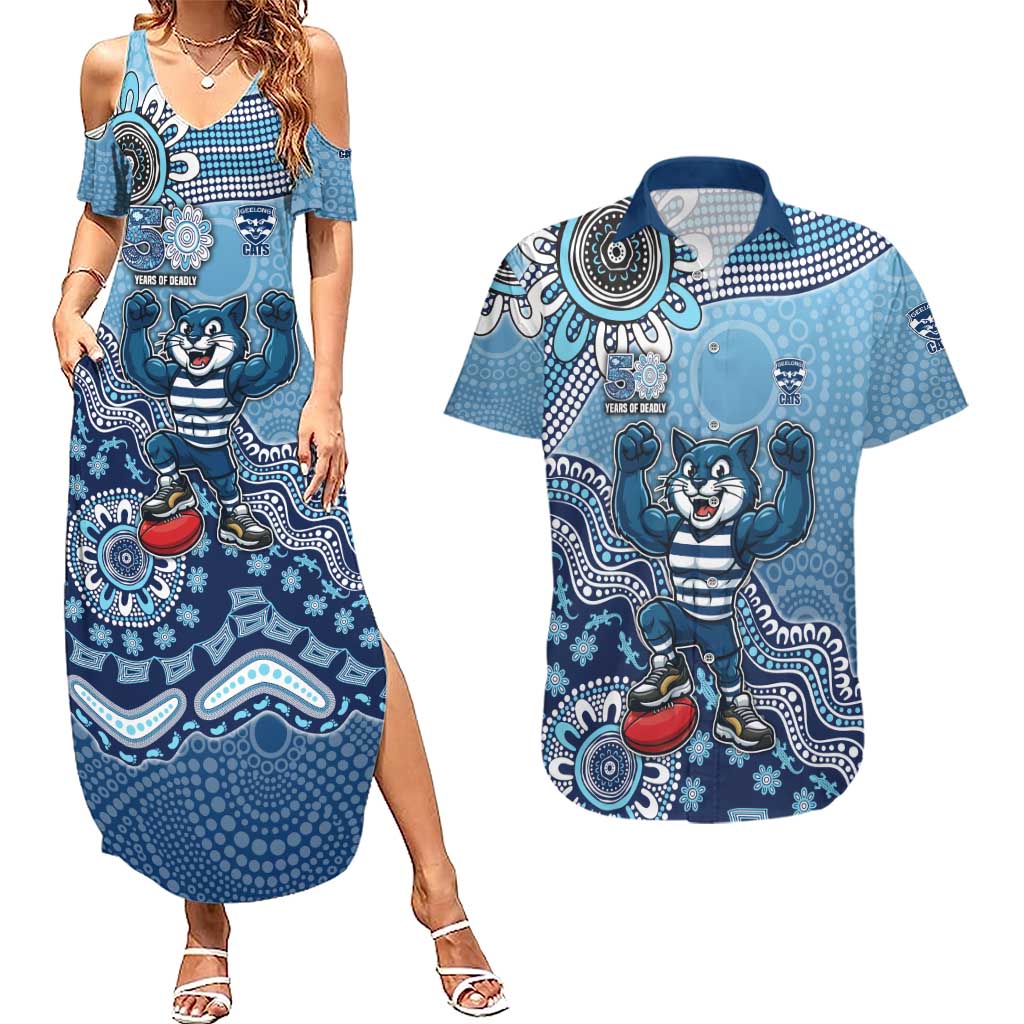 Personalized Geelong Cats Football Mascot Couples Matching Summer Maxi Dress and Hawaiian Shirt Aboriginal Dot Art Style Vibrant Indigenous Pattern Design
