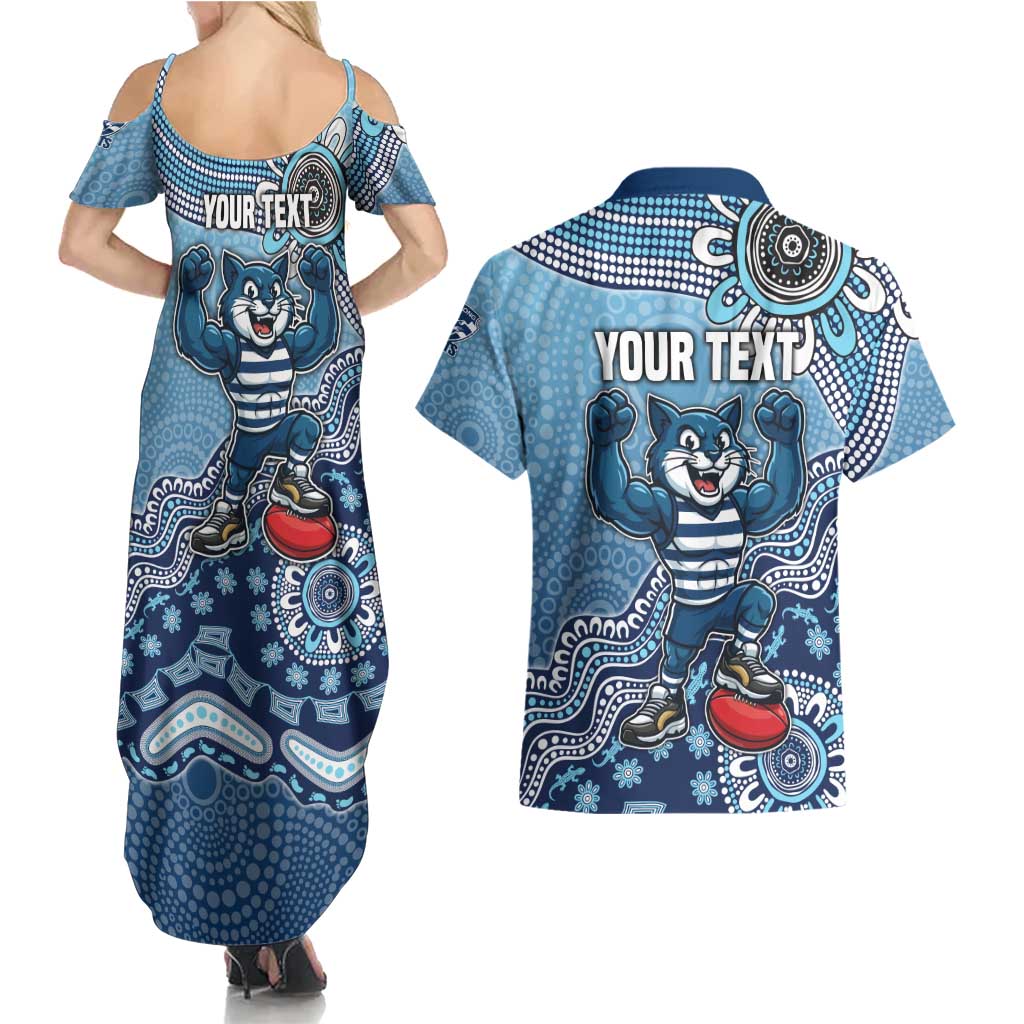 Personalized Geelong Cats Football Mascot Couples Matching Summer Maxi Dress and Hawaiian Shirt Aboriginal Dot Art Style Vibrant Indigenous Pattern Design