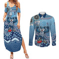 Personalized Geelong Cats Football Mascot Couples Matching Summer Maxi Dress and Long Sleeve Button Shirt Aboriginal Dot Art Style Vibrant Indigenous Pattern Design