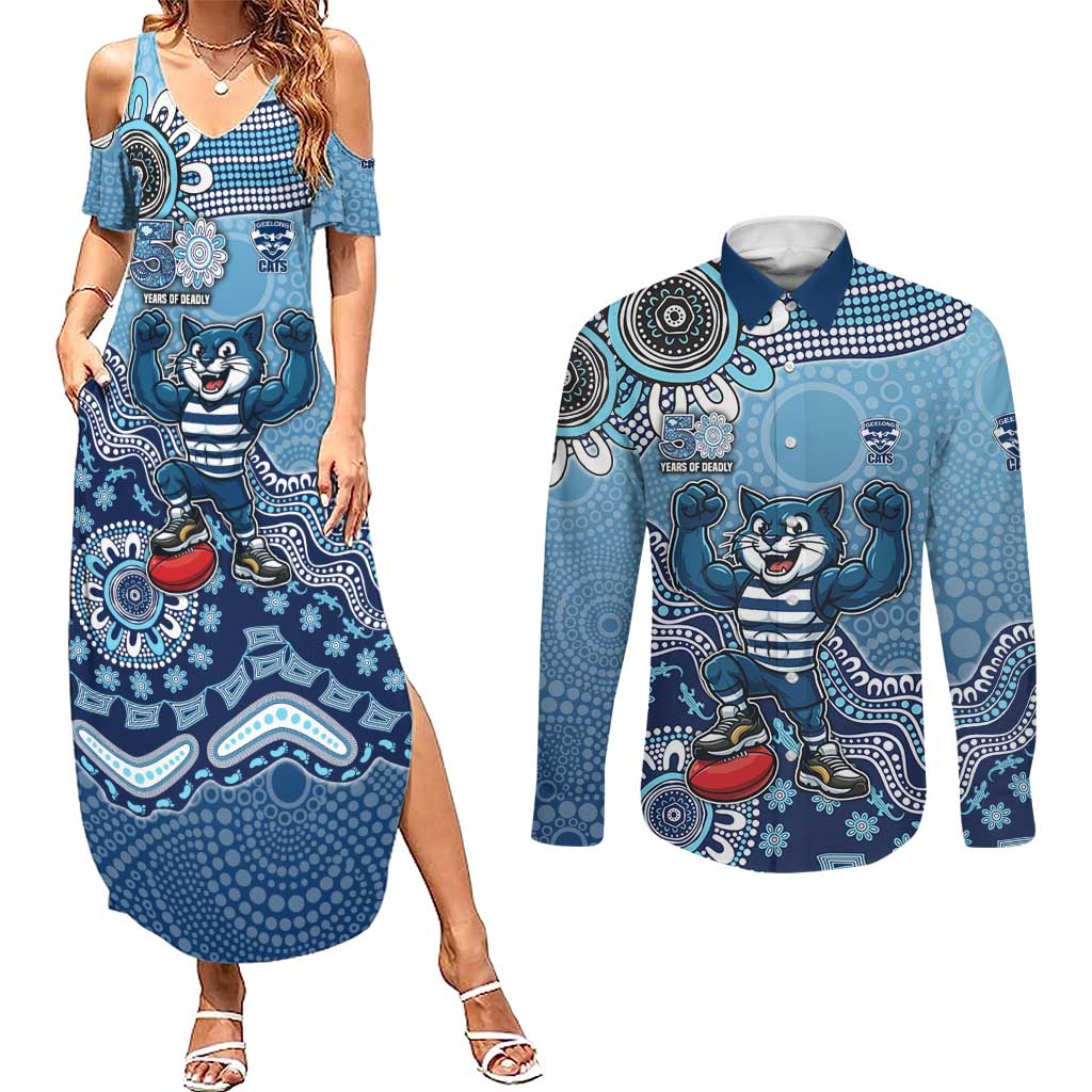 Personalized Geelong Cats Football Mascot Couples Matching Summer Maxi Dress and Long Sleeve Button Shirt Aboriginal Dot Art Style Vibrant Indigenous Pattern Design