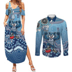 Personalized Geelong Cats Football Mascot Couples Matching Summer Maxi Dress and Long Sleeve Button Shirt Aboriginal Dot Art Style Vibrant Indigenous Pattern Design