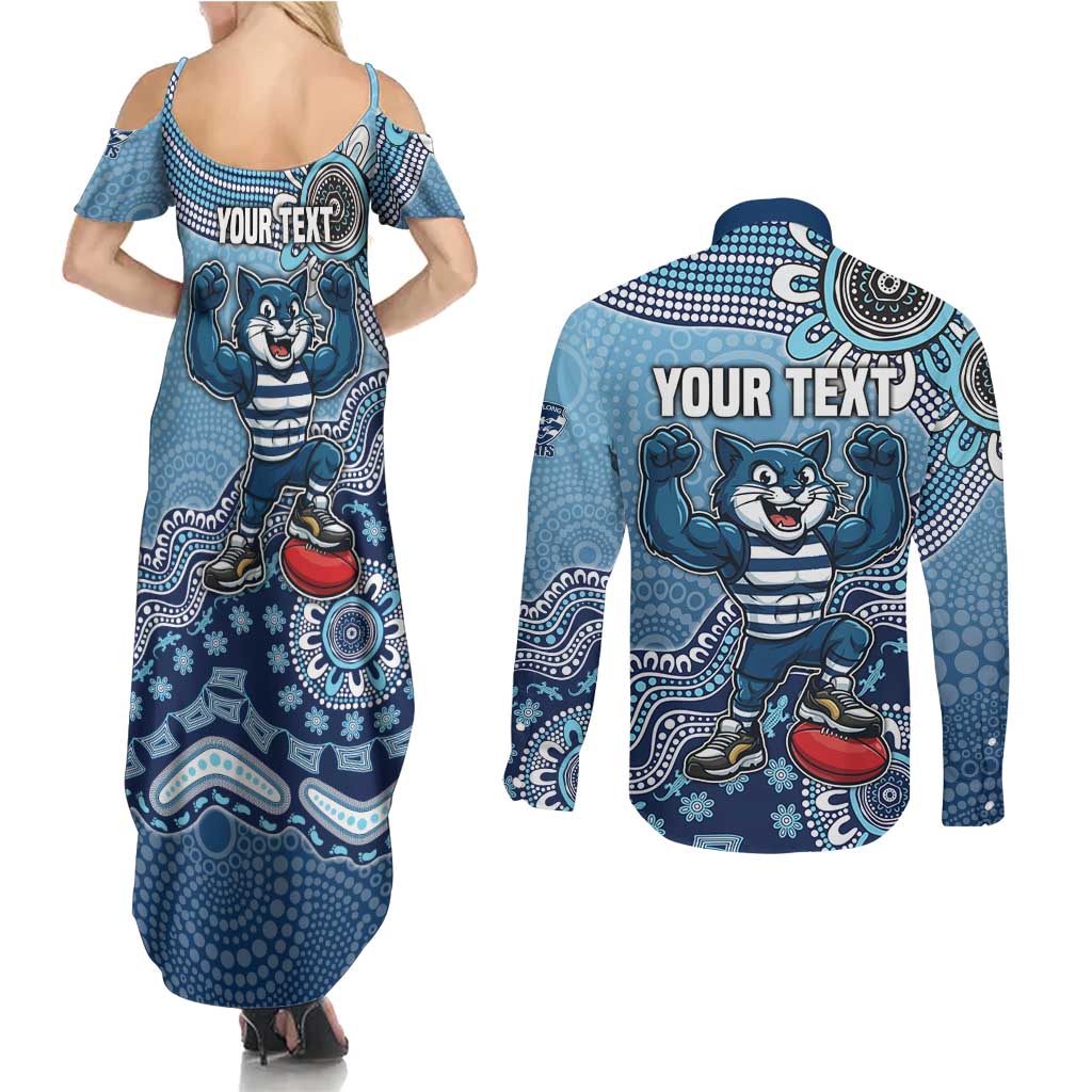 Personalized Geelong Cats Football Mascot Couples Matching Summer Maxi Dress and Long Sleeve Button Shirt Aboriginal Dot Art Style Vibrant Indigenous Pattern Design