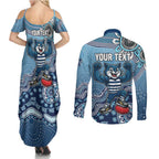Personalized Geelong Cats Football Mascot Couples Matching Summer Maxi Dress and Long Sleeve Button Shirt Aboriginal Dot Art Style Vibrant Indigenous Pattern Design
