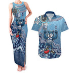 Personalized Geelong Cats Football Mascot Couples Matching Tank Maxi Dress and Hawaiian Shirt Aboriginal Dot Art Style Vibrant Indigenous Pattern Design
