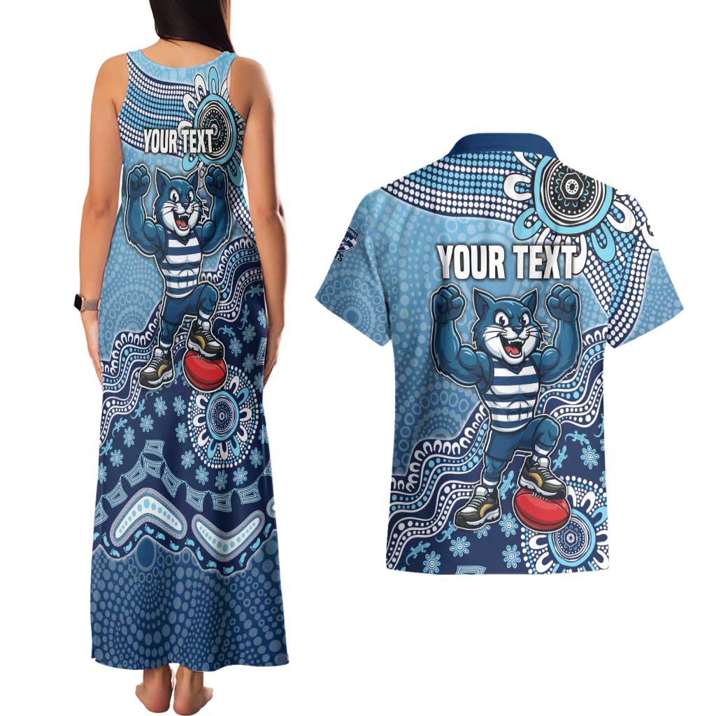 Personalized Geelong Cats Football Mascot Couples Matching Tank Maxi Dress and Hawaiian Shirt Aboriginal Dot Art Style Vibrant Indigenous Pattern Design
