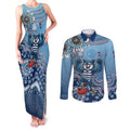 Personalized Geelong Cats Football Mascot Couples Matching Tank Maxi Dress and Long Sleeve Button Shirt Aboriginal Dot Art Style Vibrant Indigenous Pattern Design