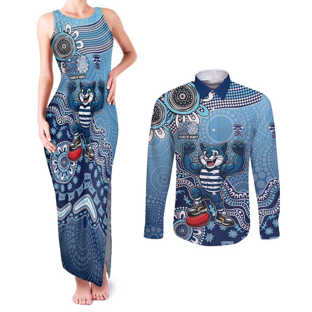 Personalized Geelong Cats Football Mascot Couples Matching Tank Maxi Dress and Long Sleeve Button Shirt Aboriginal Dot Art Style Vibrant Indigenous Pattern Design