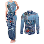 Personalized Geelong Cats Football Mascot Couples Matching Tank Maxi Dress and Long Sleeve Button Shirt Aboriginal Dot Art Style Vibrant Indigenous Pattern Design