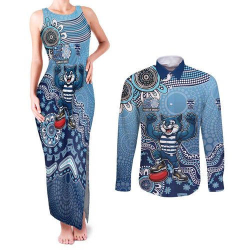 Personalized Geelong Cats Football Mascot Couples Matching Tank Maxi Dress and Long Sleeve Button Shirt Aboriginal Dot Art Style Vibrant Indigenous Pattern Design
