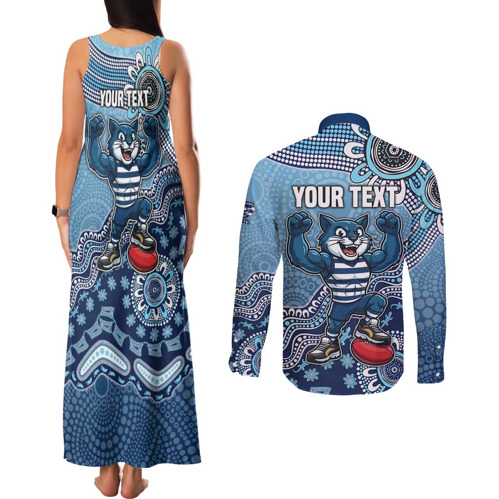 Personalized Geelong Cats Football Mascot Couples Matching Tank Maxi Dress and Long Sleeve Button Shirt Aboriginal Dot Art Style Vibrant Indigenous Pattern Design