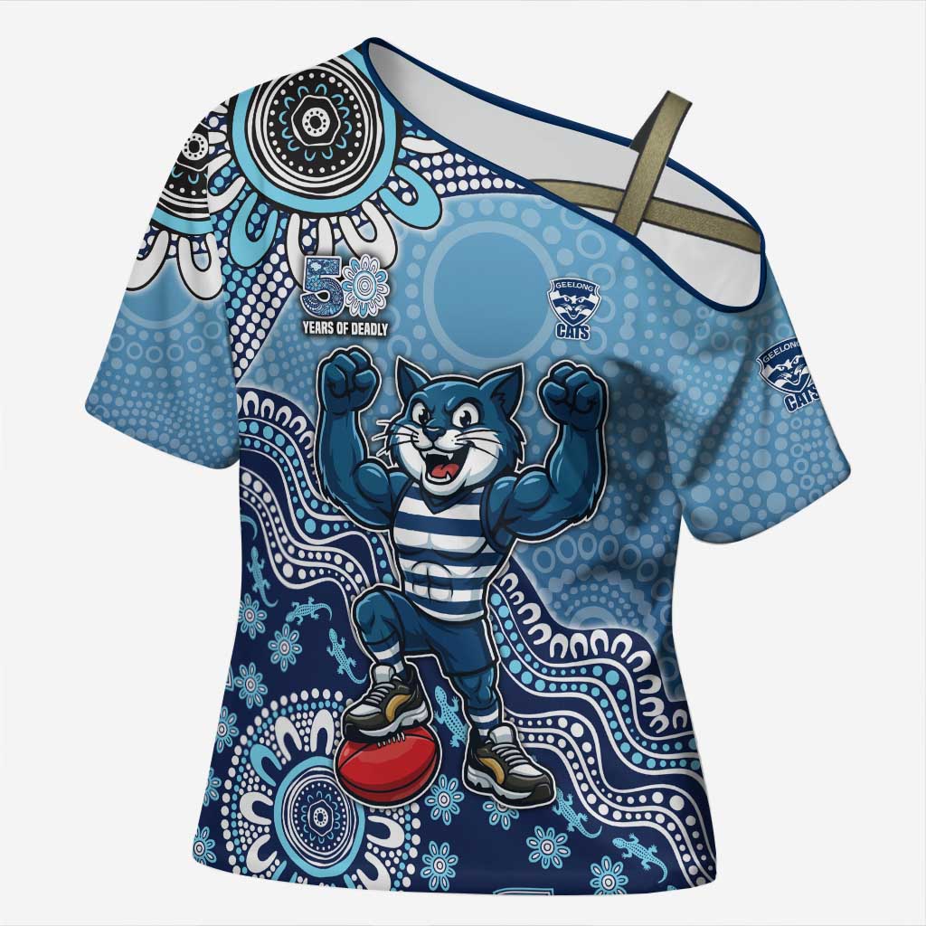 Personalized Geelong Cats Football Mascot Cross Shoulder Shirt Aboriginal Dot Art Style Vibrant Indigenous Pattern Design