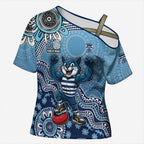 Personalized Geelong Cats Football Mascot Cross Shoulder Shirt Aboriginal Dot Art Style Vibrant Indigenous Pattern Design