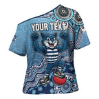 Personalized Geelong Cats Football Mascot Cross Shoulder Shirt Aboriginal Dot Art Style Vibrant Indigenous Pattern Design