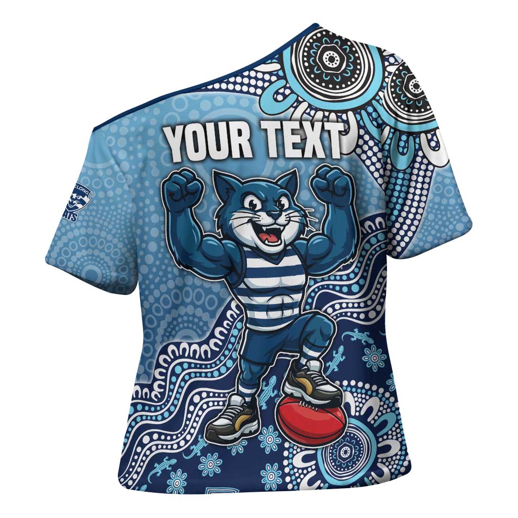 Personalized Geelong Cats Football Mascot Cross Shoulder Shirt Aboriginal Dot Art Style Vibrant Indigenous Pattern Design
