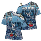 Personalized Geelong Cats Football Mascot Cross Shoulder Shirt Aboriginal Dot Art Style Vibrant Indigenous Pattern Design