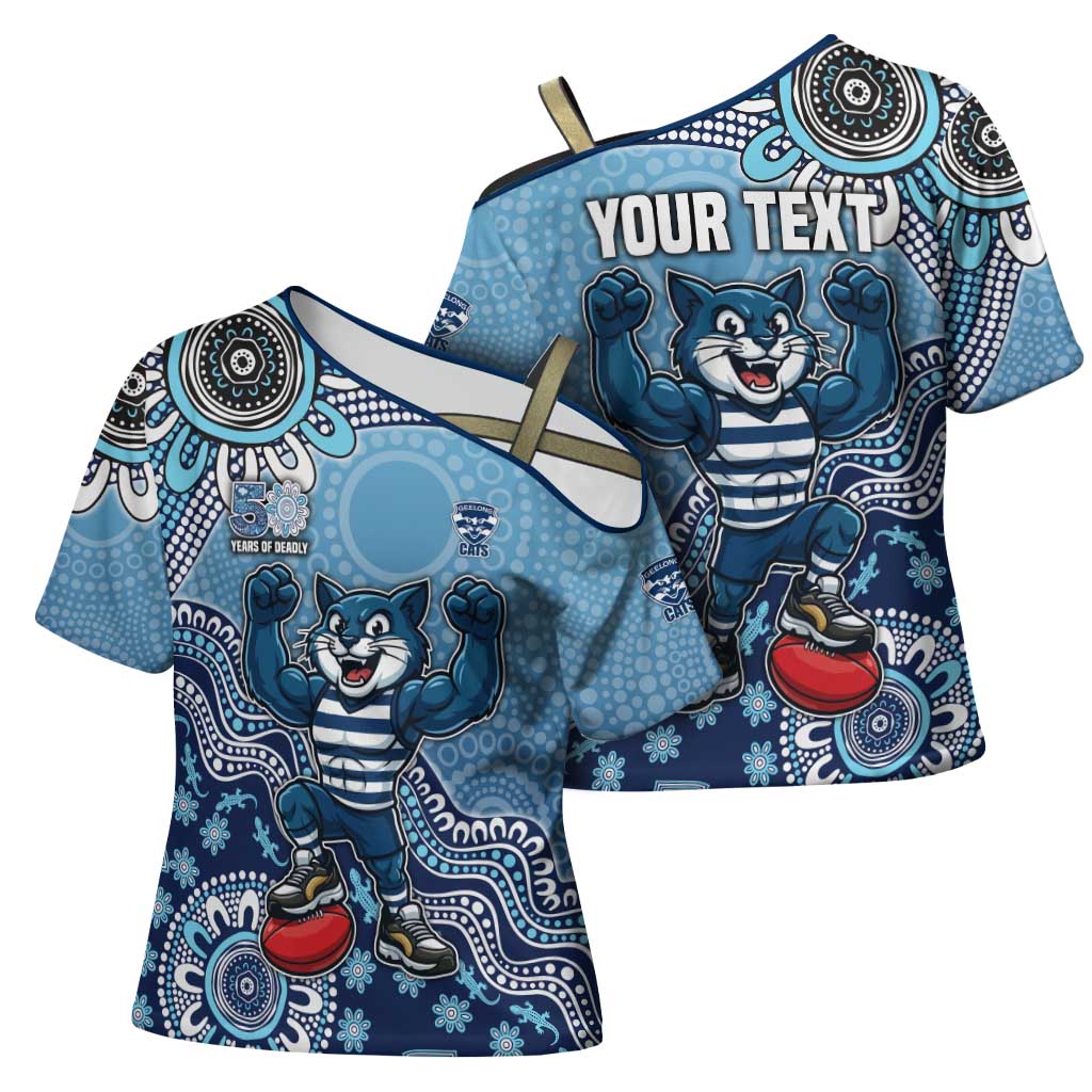 Personalized Geelong Cats Football Mascot Cross Shoulder Shirt Aboriginal Dot Art Style Vibrant Indigenous Pattern Design