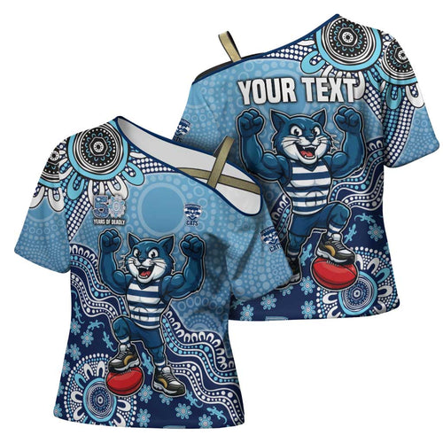 Personalized Geelong Cats Football Mascot Cross Shoulder Shirt Aboriginal Dot Art Style Vibrant Indigenous Pattern Design