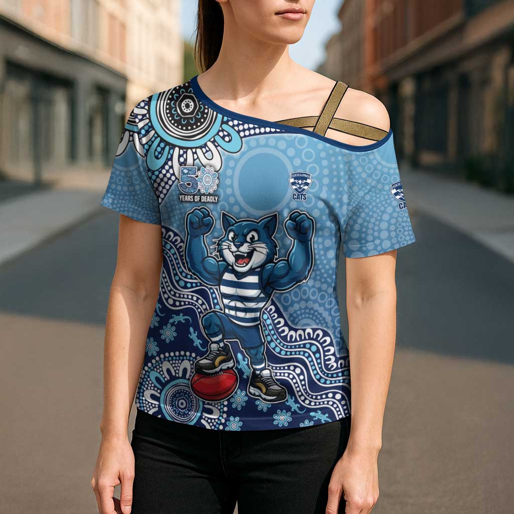 Personalized Geelong Cats Football Mascot Cross Shoulder Shirt Aboriginal Dot Art Style Vibrant Indigenous Pattern Design