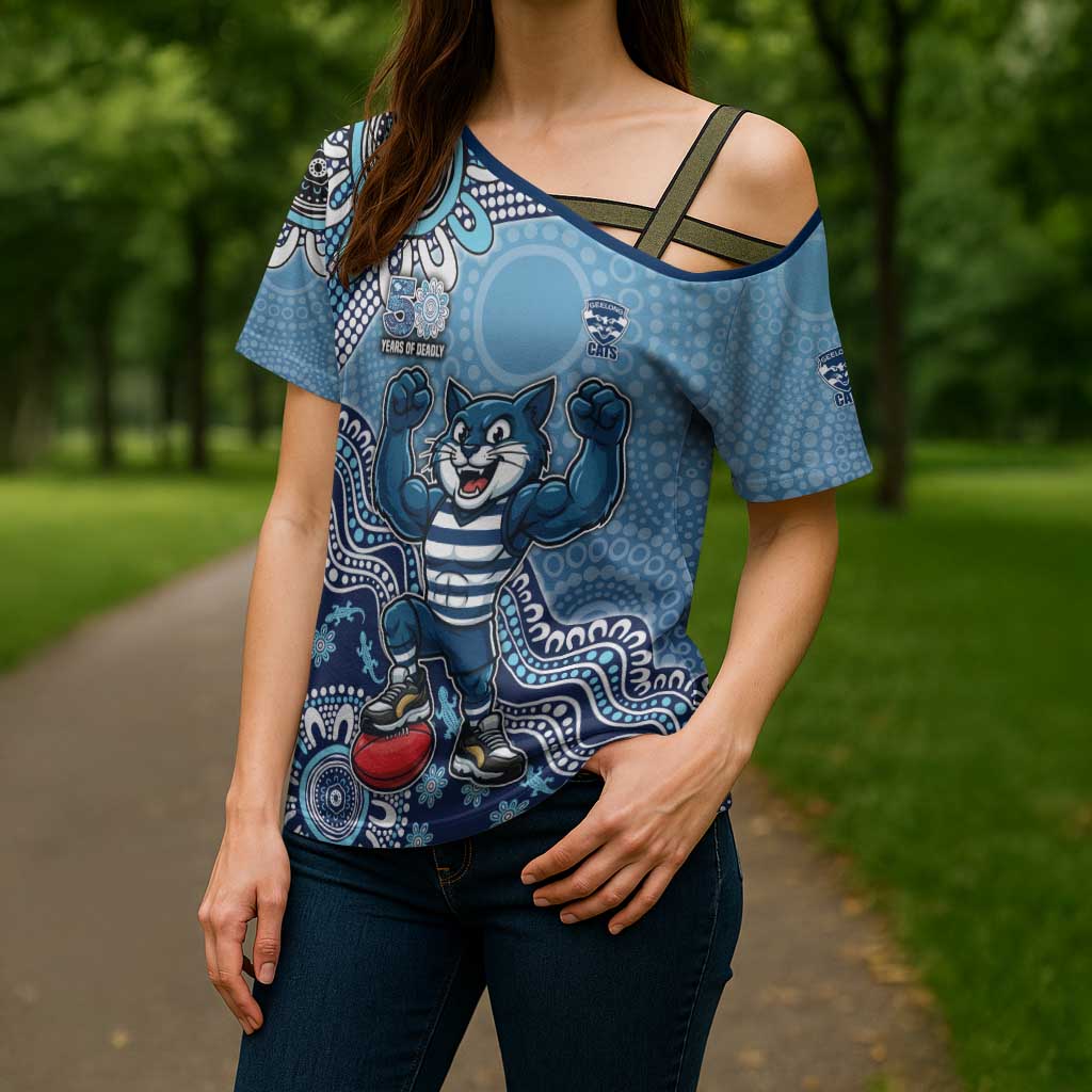 Personalized Geelong Cats Football Mascot Cross Shoulder Shirt Aboriginal Dot Art Style Vibrant Indigenous Pattern Design