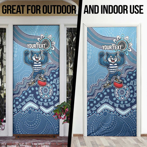 Personalized Geelong Cats Football Mascot Door Cover Aboriginal Dot Art Style Vibrant Indigenous Pattern Design