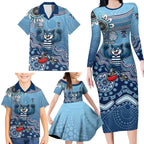 Personalized Geelong Cats Football Mascot Family Matching Long Sleeve Bodycon Dress and Hawaiian Shirt Aboriginal Dot Art Style Vibrant Indigenous Pattern Design