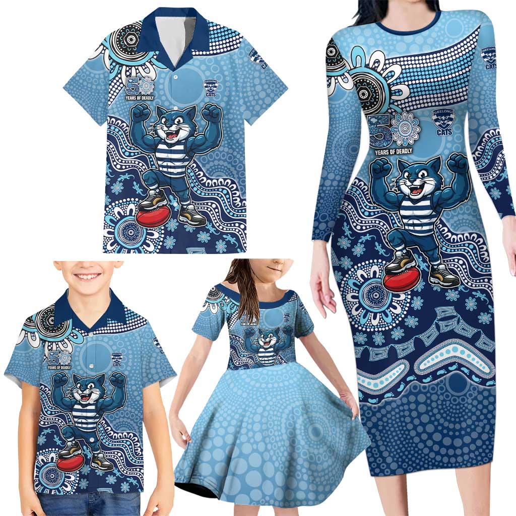Personalized Geelong Cats Football Mascot Family Matching Long Sleeve Bodycon Dress and Hawaiian Shirt Aboriginal Dot Art Style Vibrant Indigenous Pattern Design