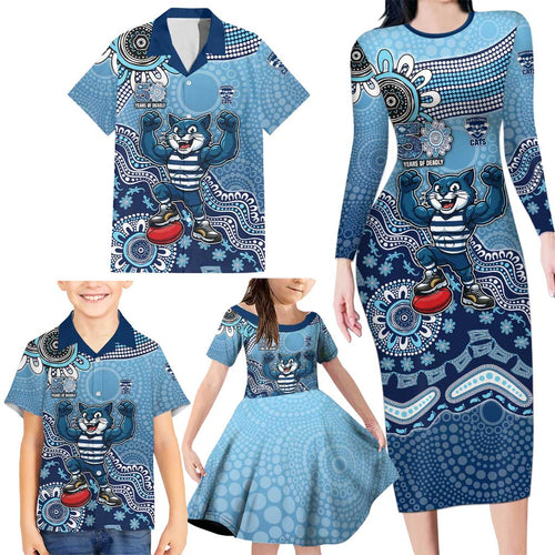 Personalized Geelong Cats Football Mascot Family Matching Long Sleeve Bodycon Dress and Hawaiian Shirt Aboriginal Dot Art Style Vibrant Indigenous Pattern Design