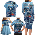 Personalized Geelong Cats Football Mascot Family Matching Long Sleeve Bodycon Dress and Hawaiian Shirt Aboriginal Dot Art Style Vibrant Indigenous Pattern Design